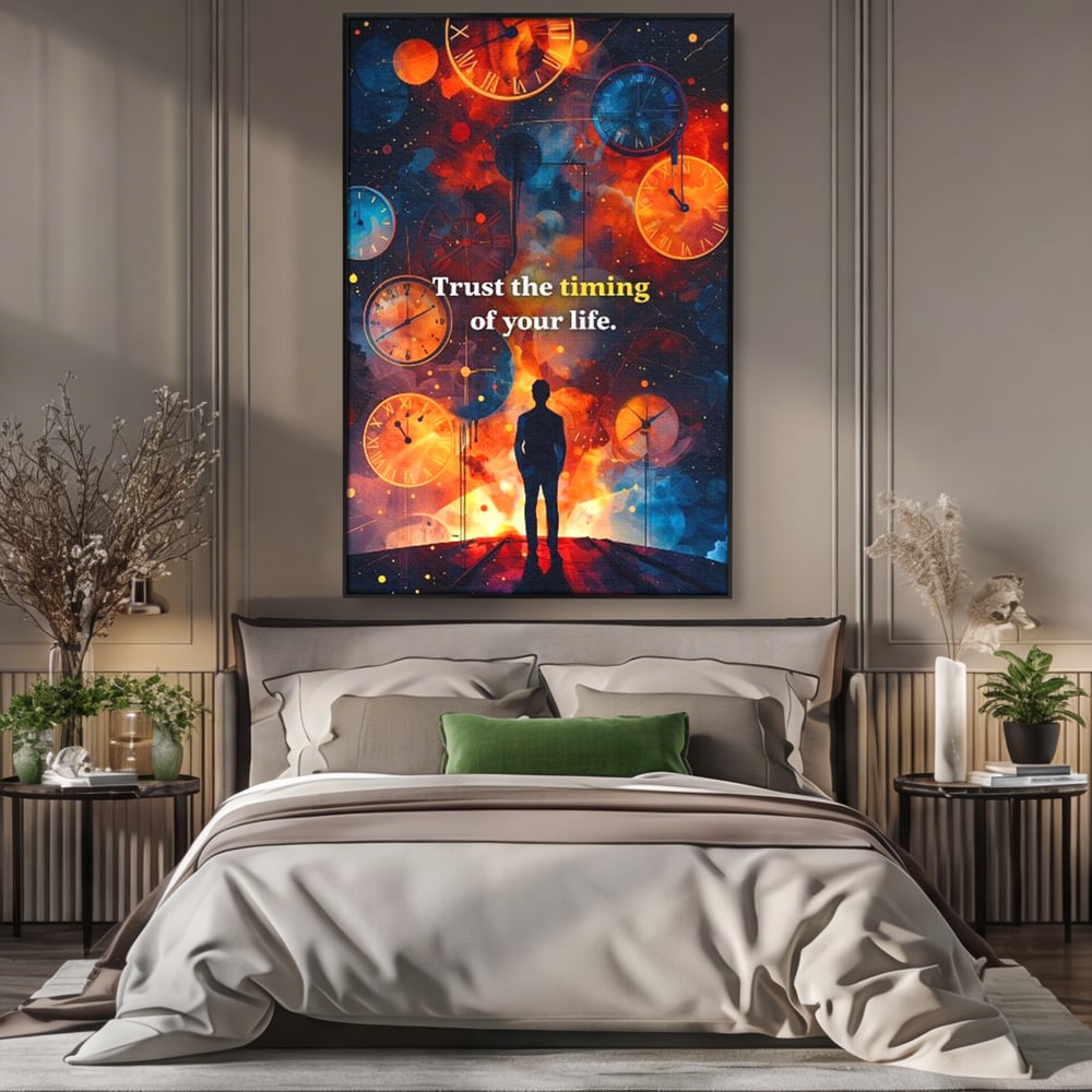 Tablou canvas cu silueta masculina privind ceasuri cosmice, in rama de aluminiu negru, pe perete intr-un dormitor